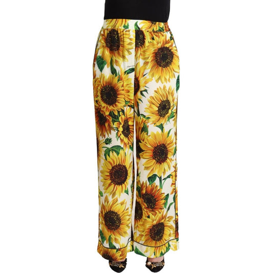 Dolce & Gabbana White Sunflower Print Mid Waist Wide Leg Pants
