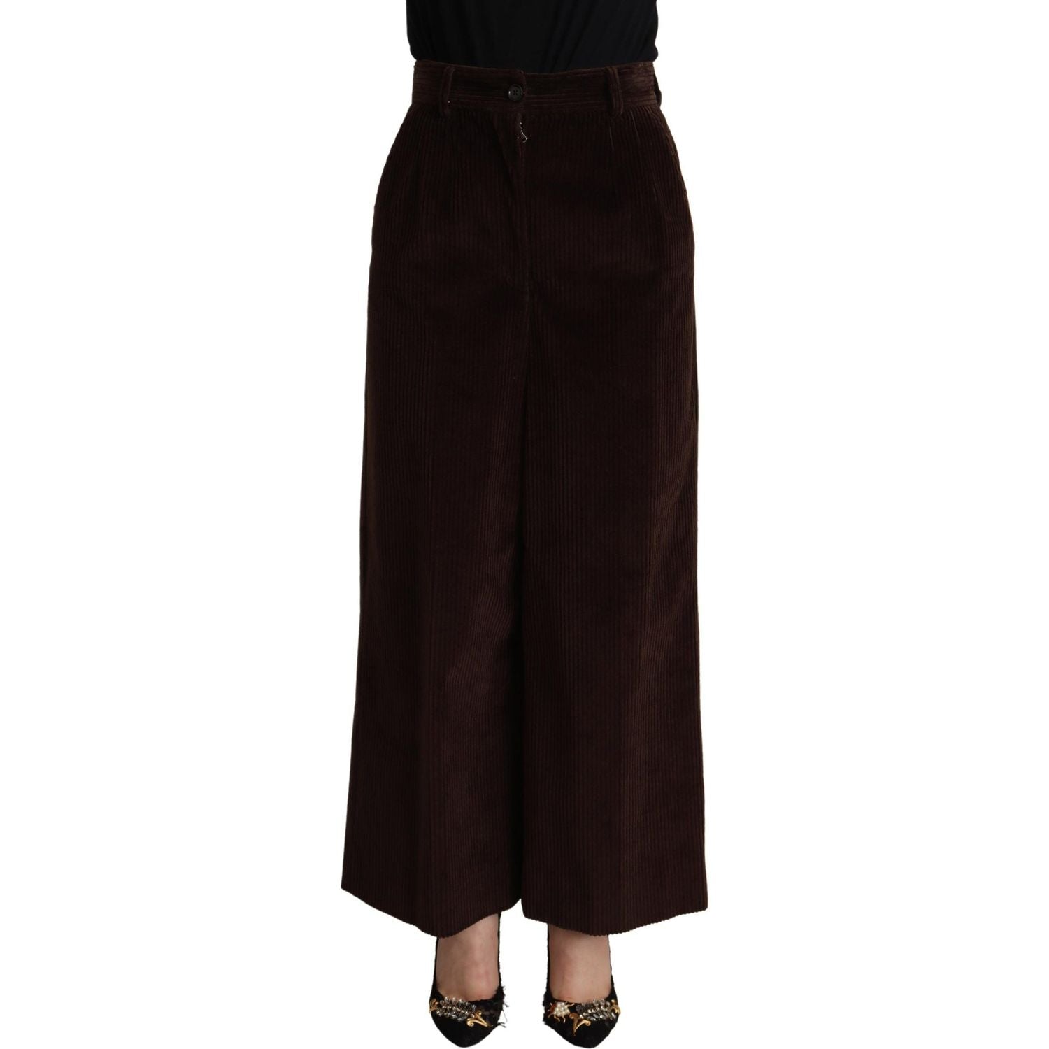 Dolce & Gabbana Black Cotton High Waist Trouser Wide Leg Pants