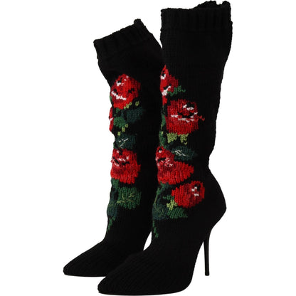 Dolce & Gabbana Black Stretch Socks Red Roses Booties Shoes