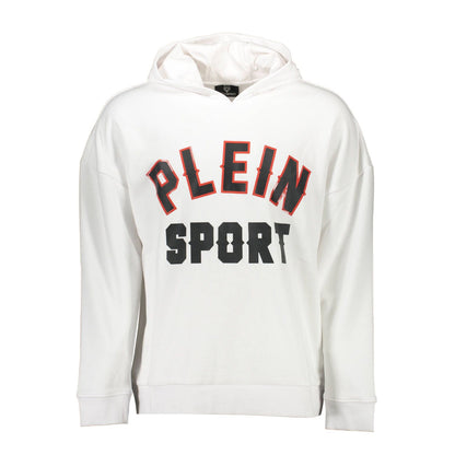 Plein Sport White Cotton Men Sweater with bold logo design and contrasting details, perfect for fashion-forward individuals seeking style.