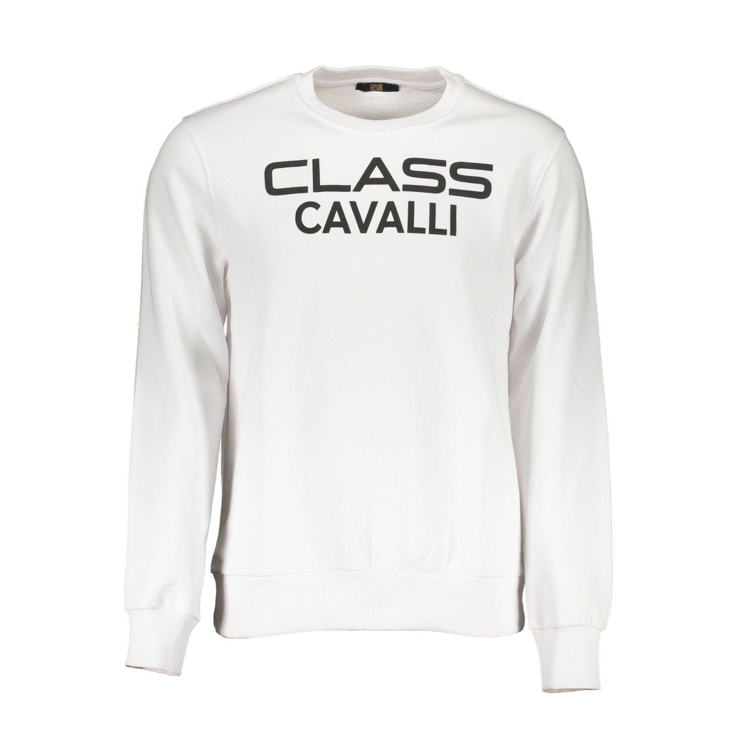 Cavalli Class White Cotton Men Sweater with logo, long sleeves, and eye-catching design for modern sophistication.