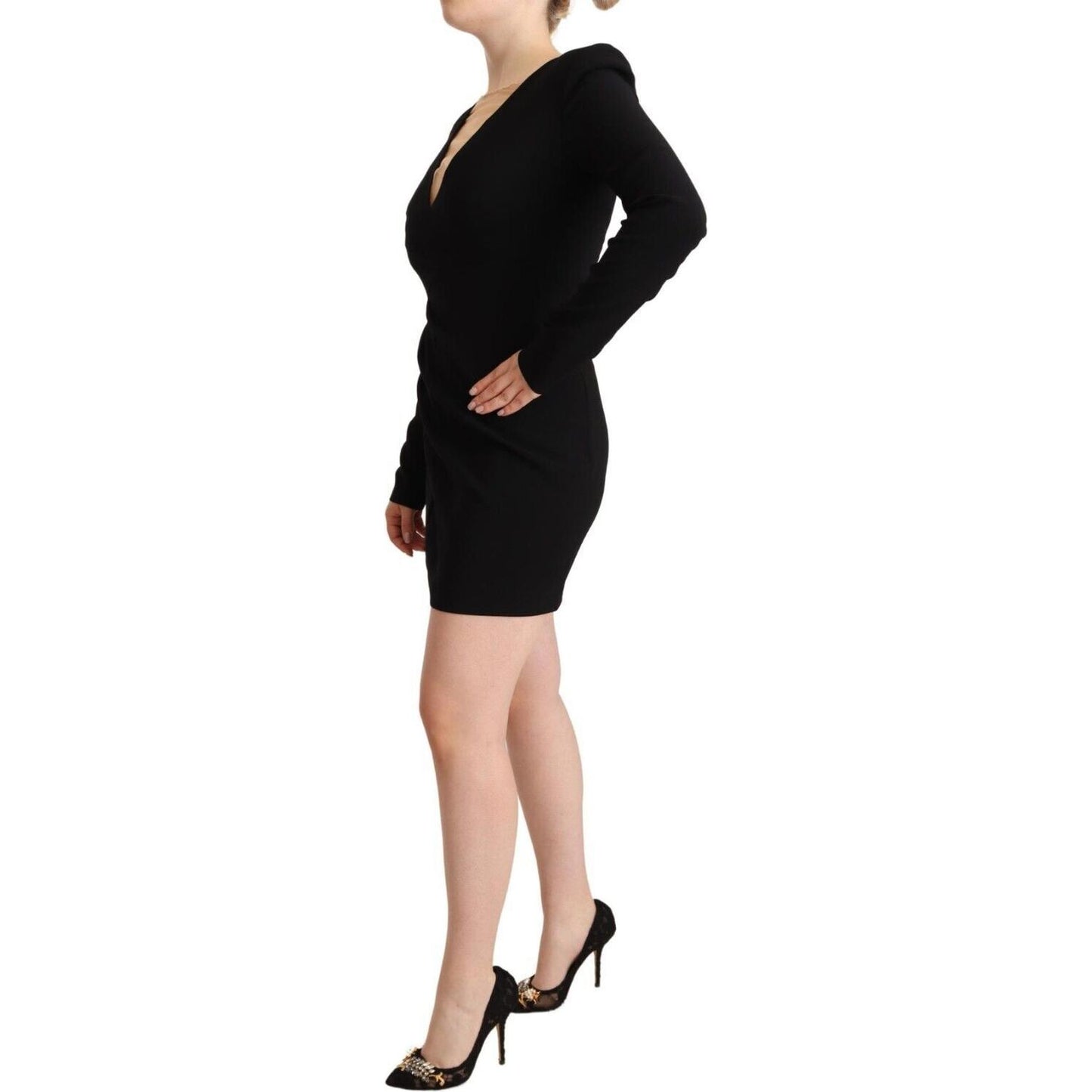 Dsquared² Black Long Sleeves Deep V-neck Mini Sheath Dress