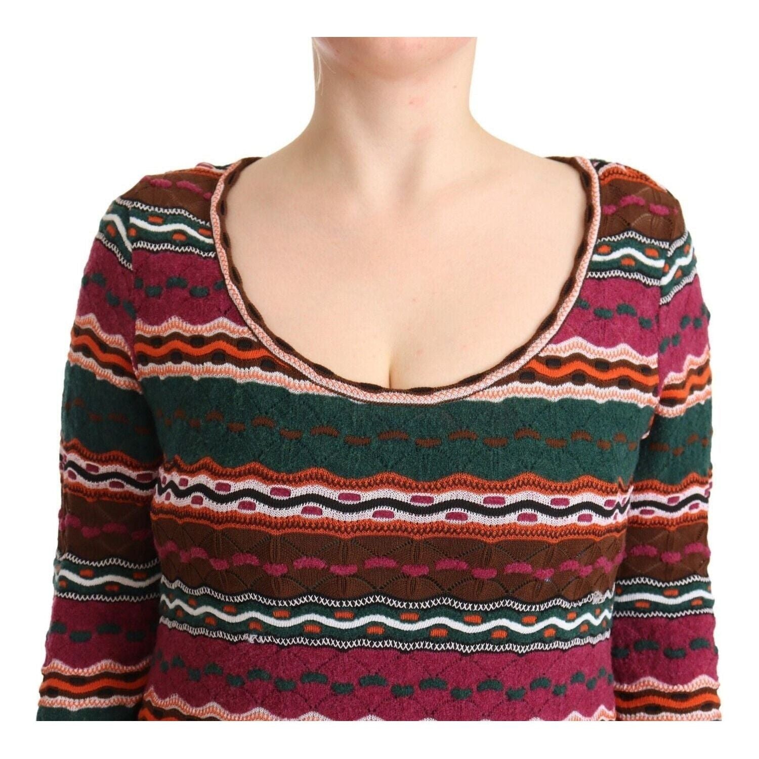 多色条纹长袖紧身连衣裙