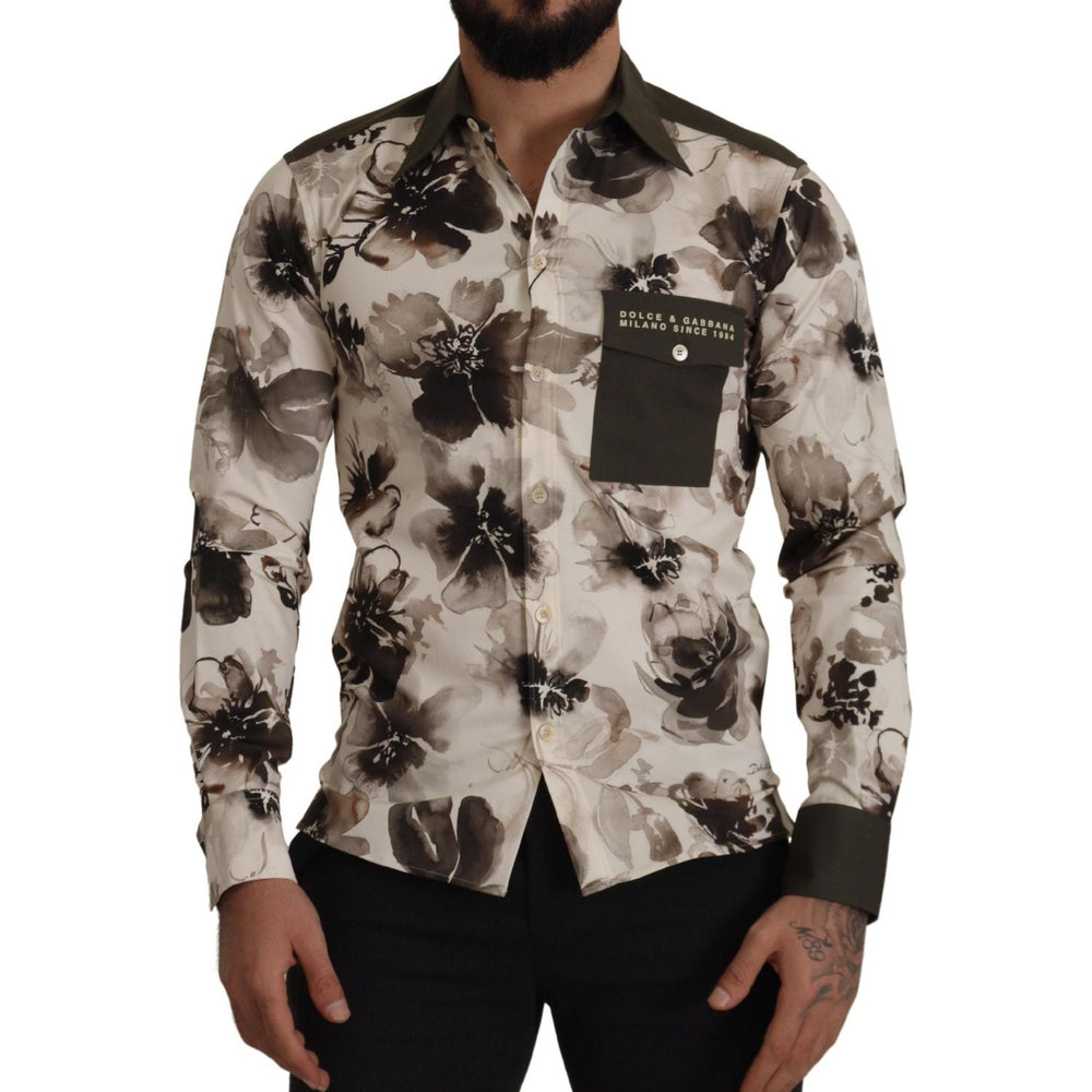 Dolce & Gabbana Green Beige Floral Cotton Stretch Exclusive Shirt TSH7976- 38