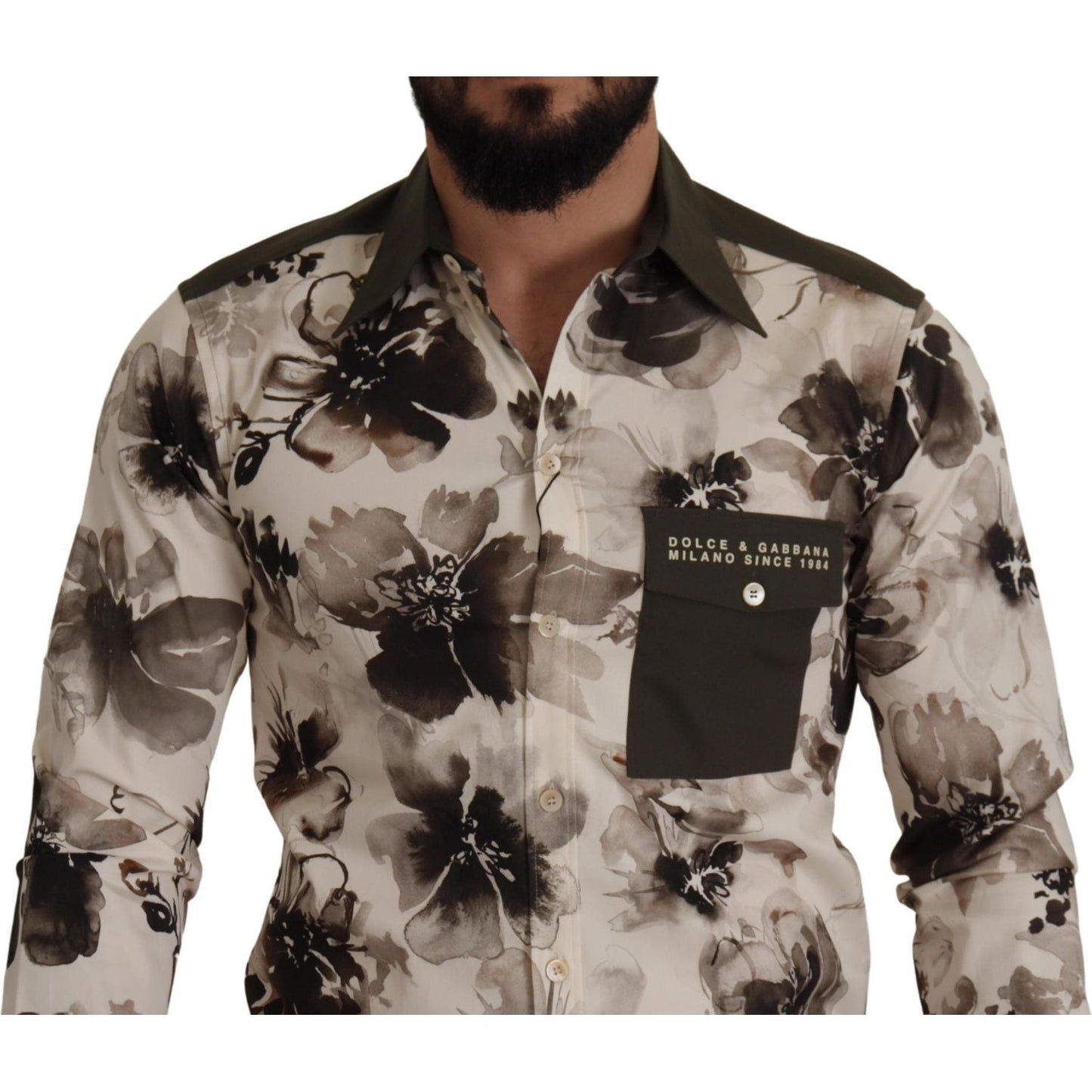 Dolce & Gabbana Green Beige Floral Cotton Stretch Exclusive Shirt TSH7976- 38