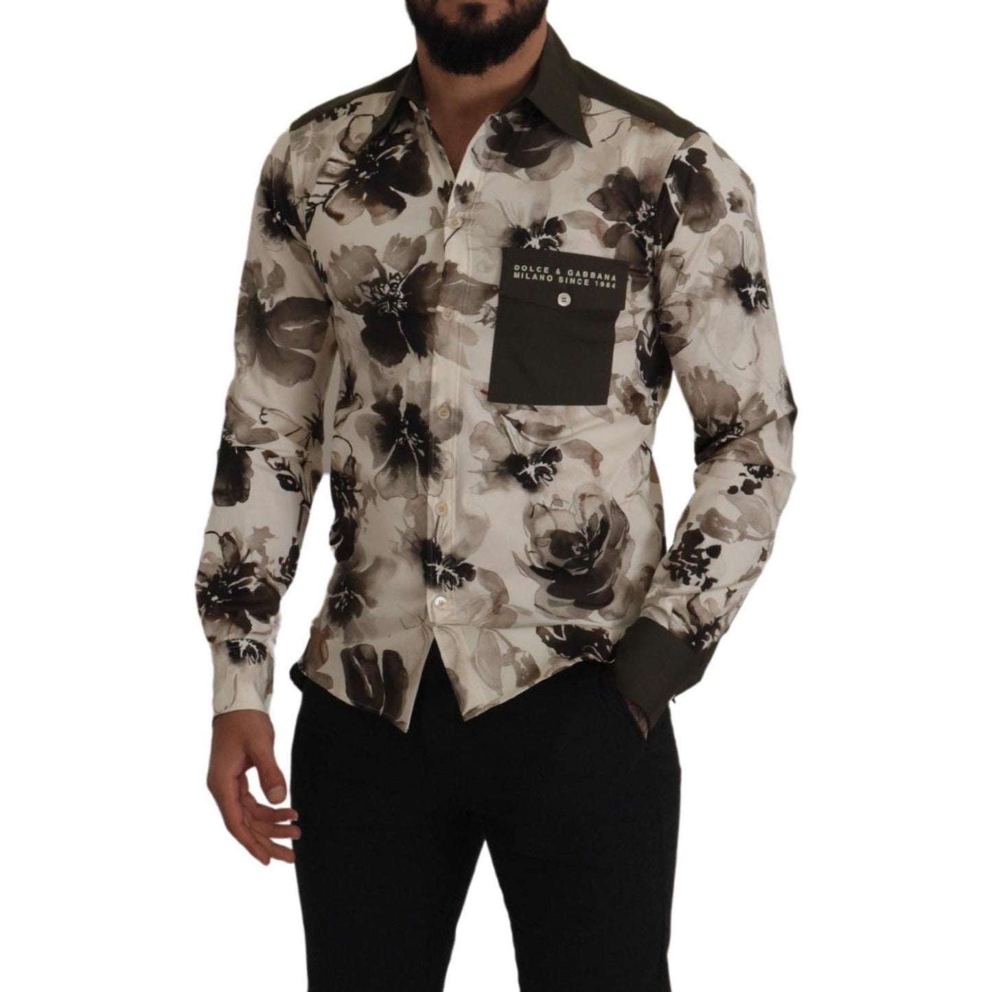 Dolce & Gabbana Green Beige Floral Cotton Stretch Exclusive Shirt TSH7976- 38