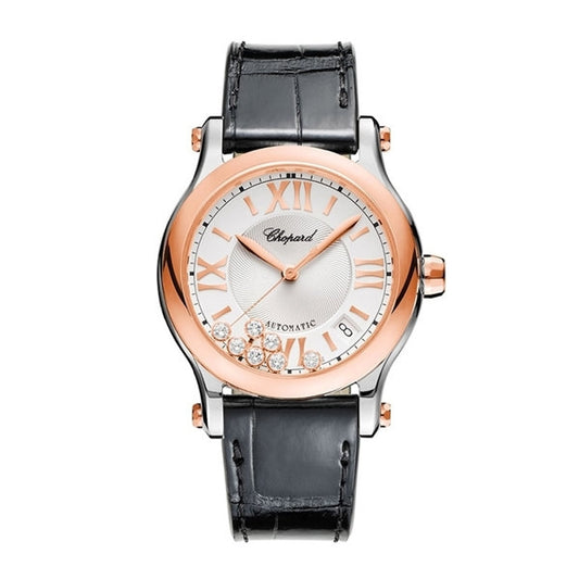 CHOPARD MOD. HAPPY SPORT AUTOMATIC W/Diamonds luxury watch with black strap and rose gold details.