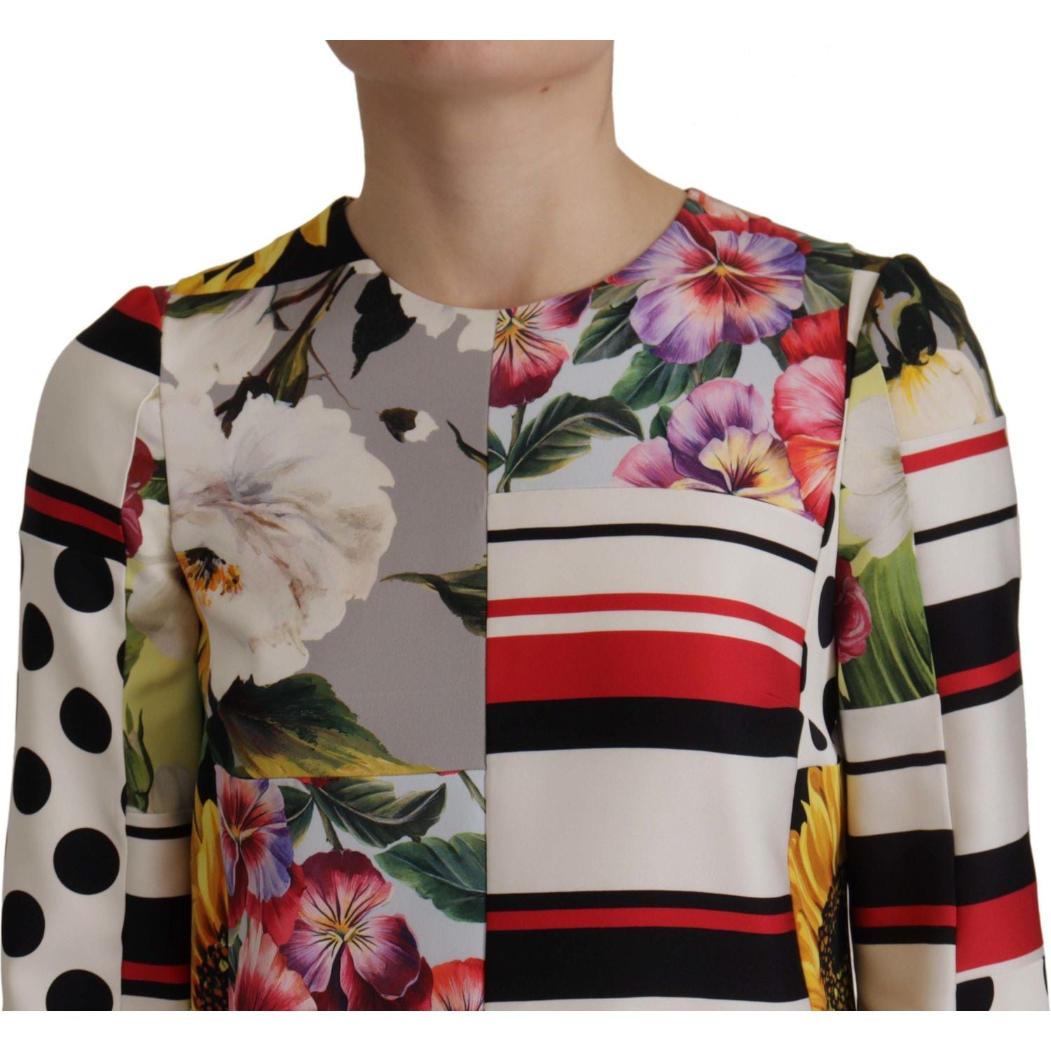 多色拼布软缎直筒连衣裙