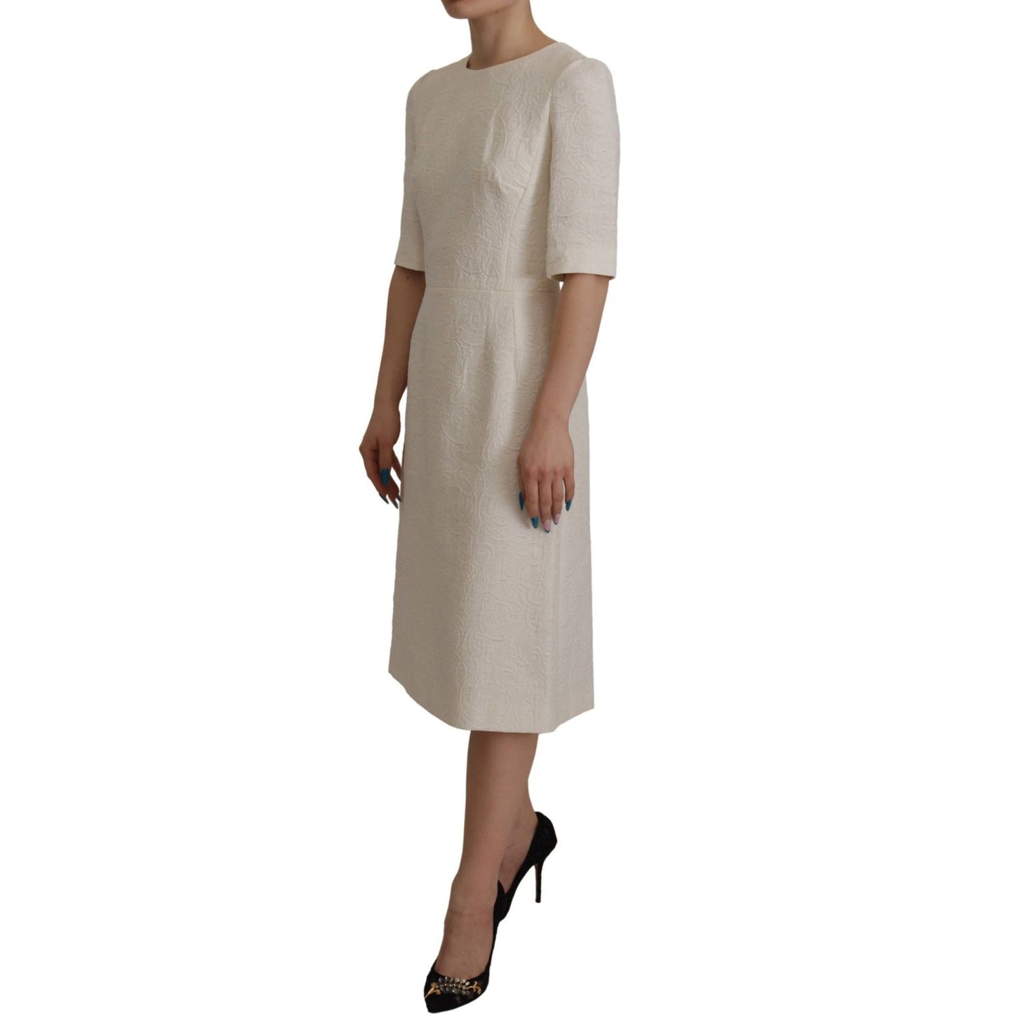 Dolce & Gabbana White Jaquard Midi Floral Sheath Brocade Dress