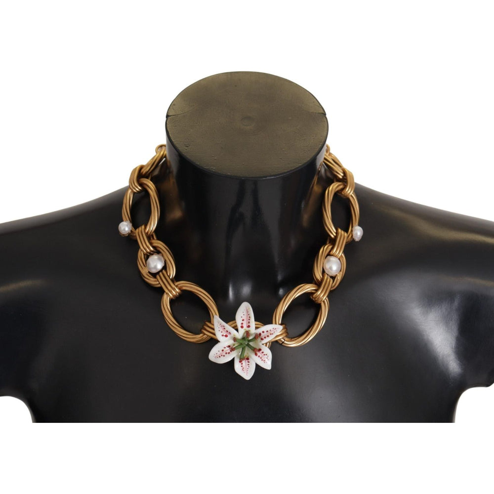 Dolce & Gabbana Gold White Lily Floral Chain Statement Necklace