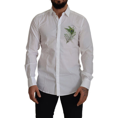 Dolce & Gabbana White Cotton Peacock Feather Formal GOLD Shirt
