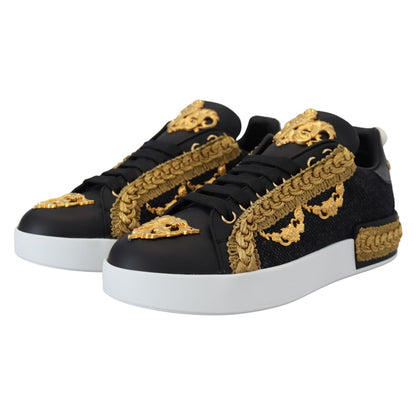 Dolce & Gabbana Black Gold Baroque Portofino Leather Sneakers Shoes