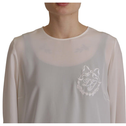 Dolce & Gabbana White Silk DG Logo Embroidered Long Sleeves Blouse
