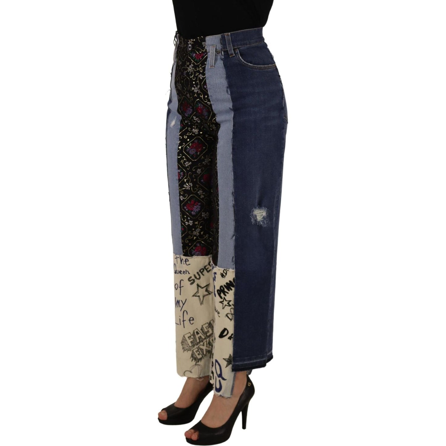 Dolce & Gabbana Multicolor Patchwork DG Fashion Wide Leg Denim Pant