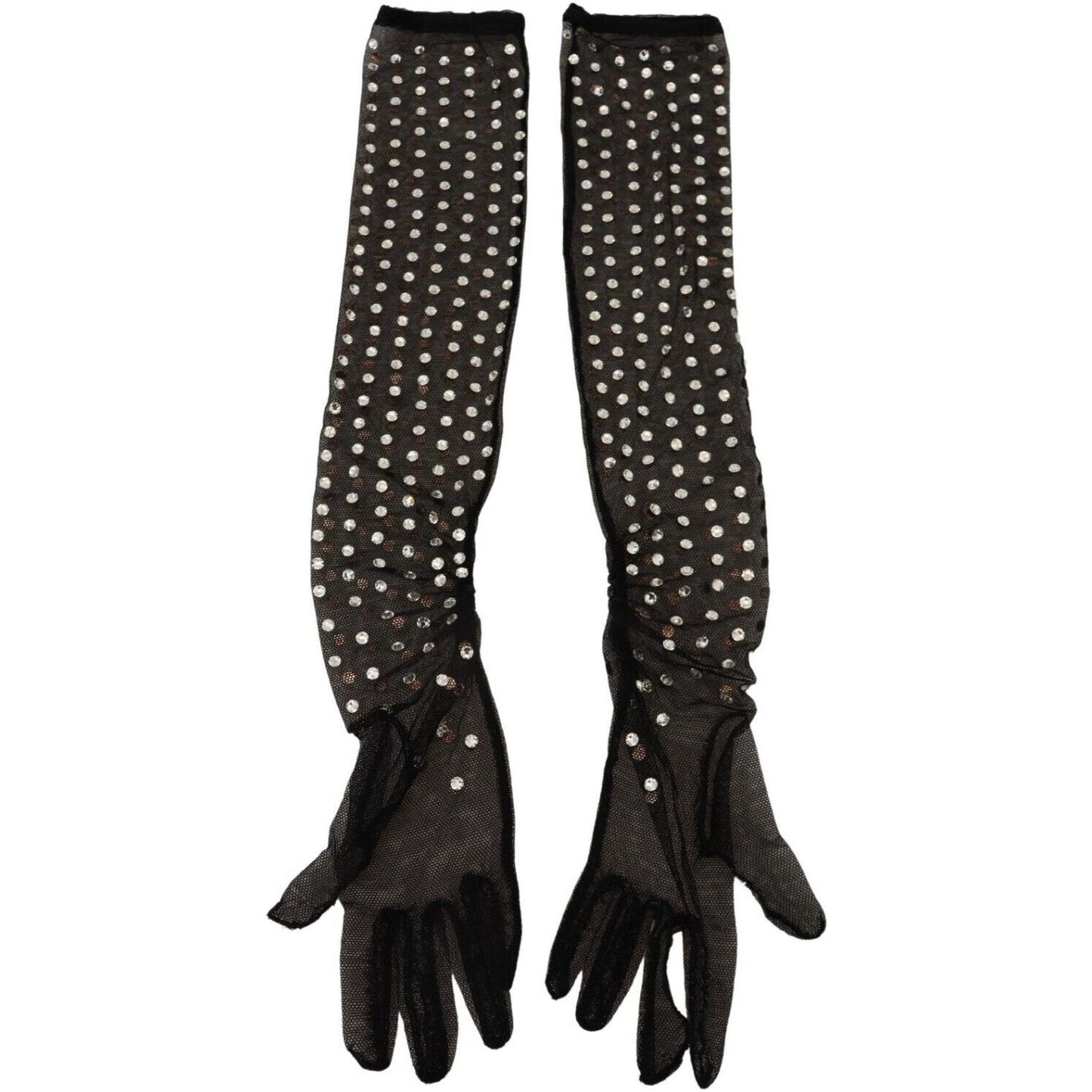 Dolce & Gabbana Black Crystal Elbow Length Cotton Tulle Gloves