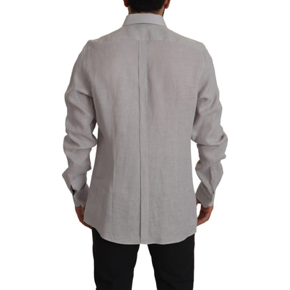 Dolce & Gabbana Gray Linen Long Sleeves Formal GOLD Shirt MAN SHIRTS