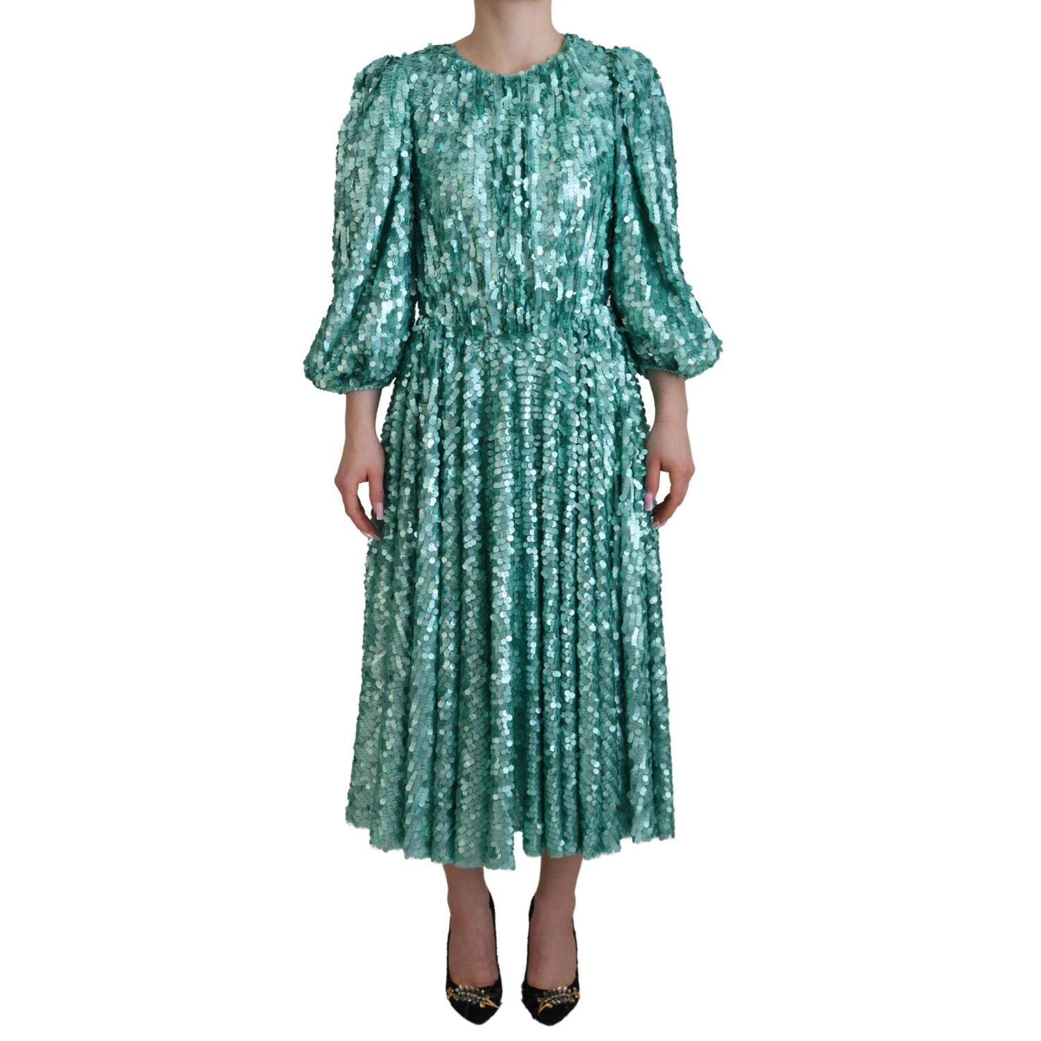 Dolce & Gabbana Blue Sequined Pleated Aline Midi Nylon Dress