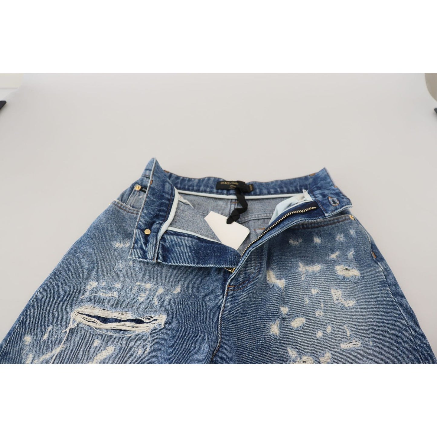 Dolce & Gabbana Blue Washed Cotton Tattered Denim Jeans