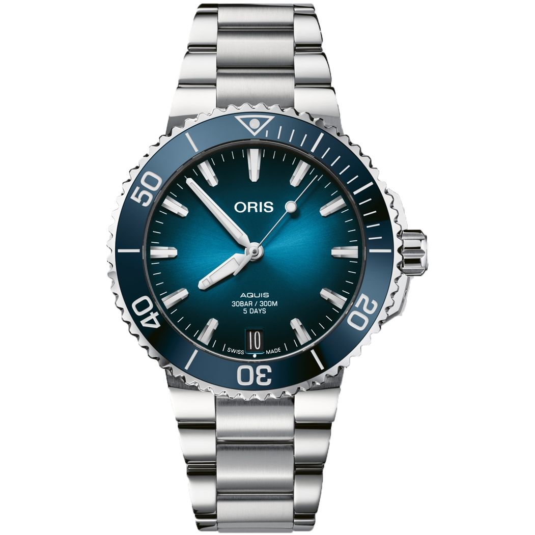 ORIS MOD. AQUIS DATE CALIBRE 400 wristwatch with stainless steel bracelet and blue dial, water resistant 30 ATM, Swiss made.