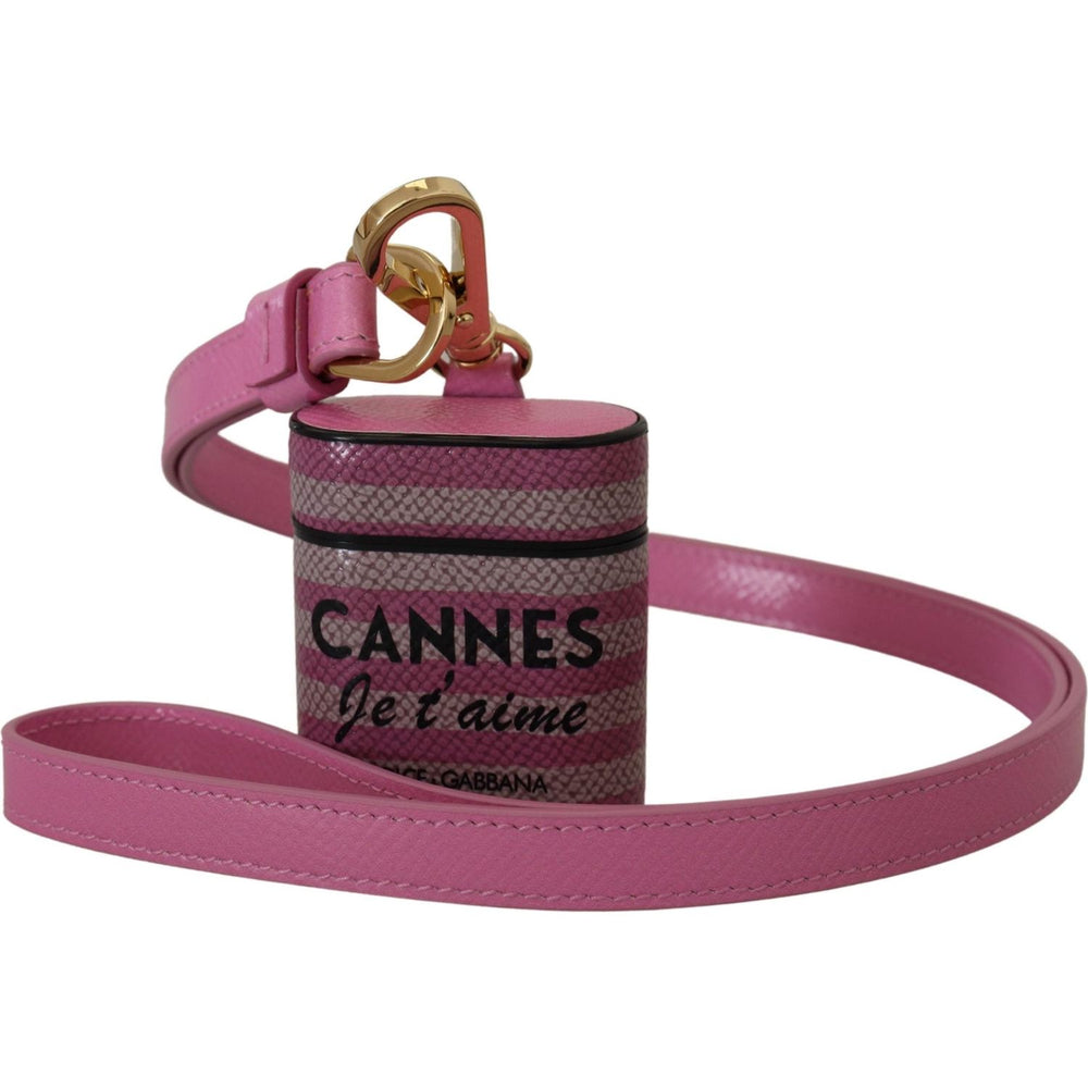 Dolce & Gabbana Pink Black Leather Strap Gold Metal Logo Airpods Case