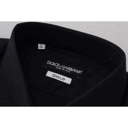 Dolce & Gabbana Black Cotton Slim Fit Formal Dress GOLD Shirt