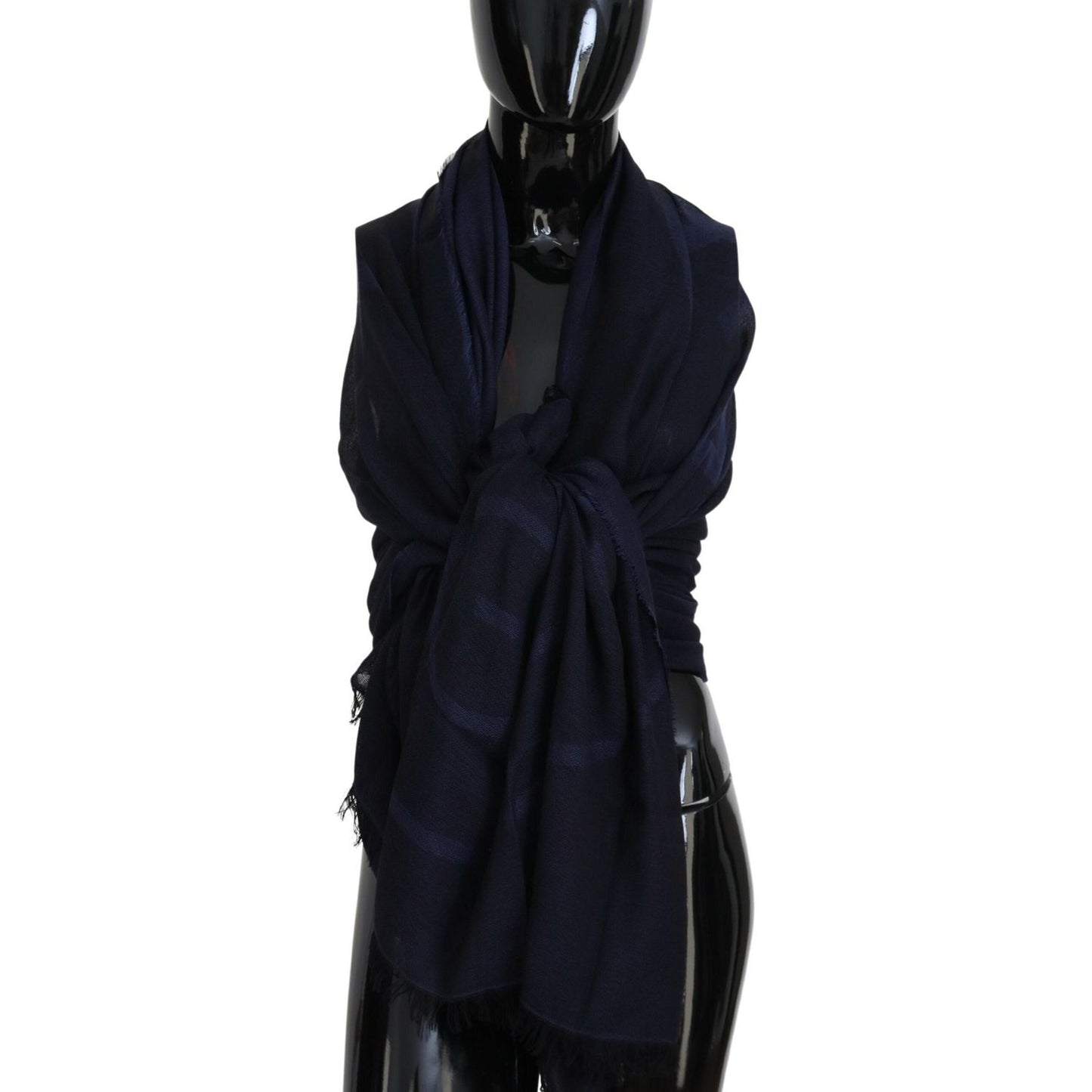 GF Ferre Dark Blue Wool Neck Wrap Shawl Fringes Scarf