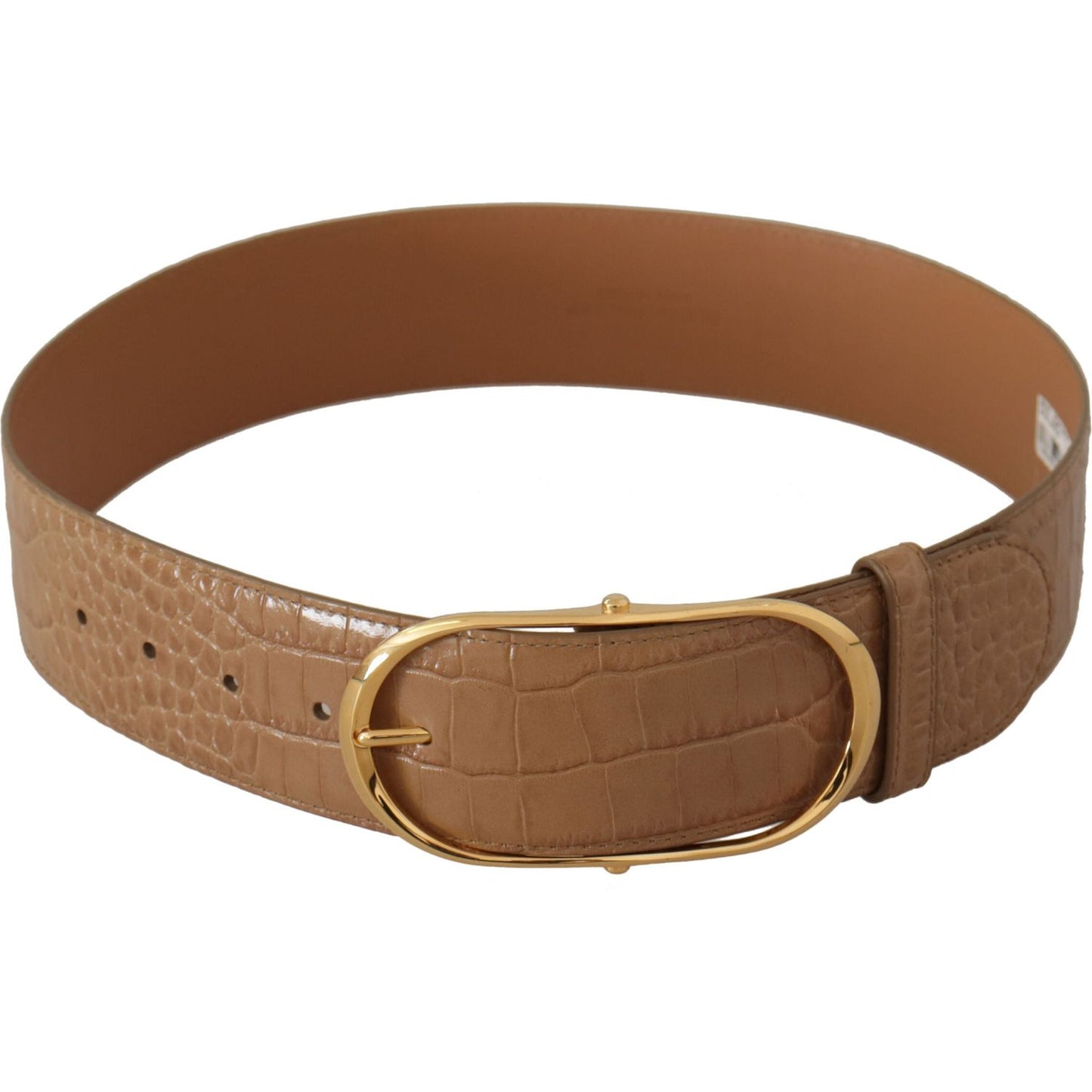 Dolce & Gabbana Brown Beige Leather Gold Metal Oval Buckle Belt