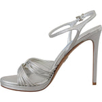 Prada Silver Leather Sandals Ankle Strap Heels Stiletto