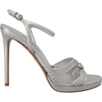 Prada Silver Leather Sandals Ankle Strap Heels Stiletto