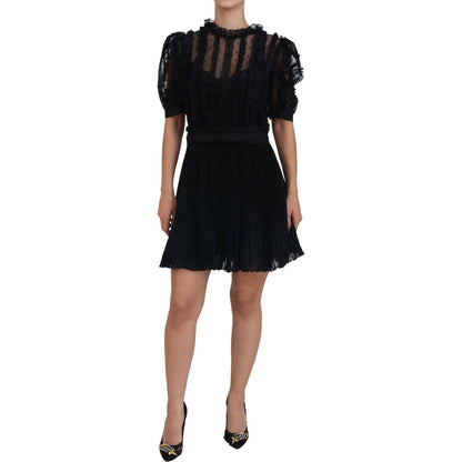 Dolce & Gabbana Black Lace Trim A-line Mini Nylon Dress