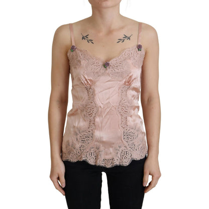 Dolce & Gabbana Pink Satin Lace Roses Tank Top Lingerie