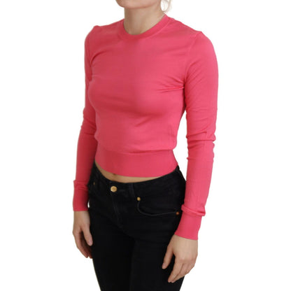 Dolce & Gabbana Pink Silk Cropped Crewneck Pullover Sweater