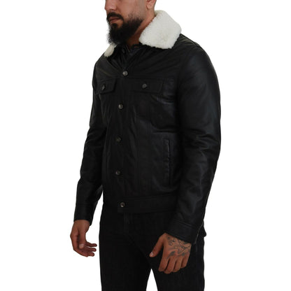 Dolce & Gabbana Black Lamb Leather Collared Men Coat Jacket