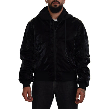 Dolce & Gabbana Black Nylon Hooded Full Zip Bomber Jacket
