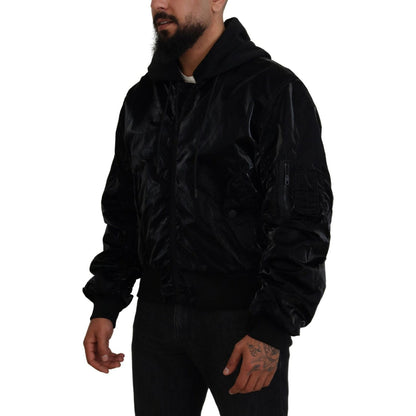 Dolce & Gabbana Black Nylon Hooded Full Zip Bomber Jacket