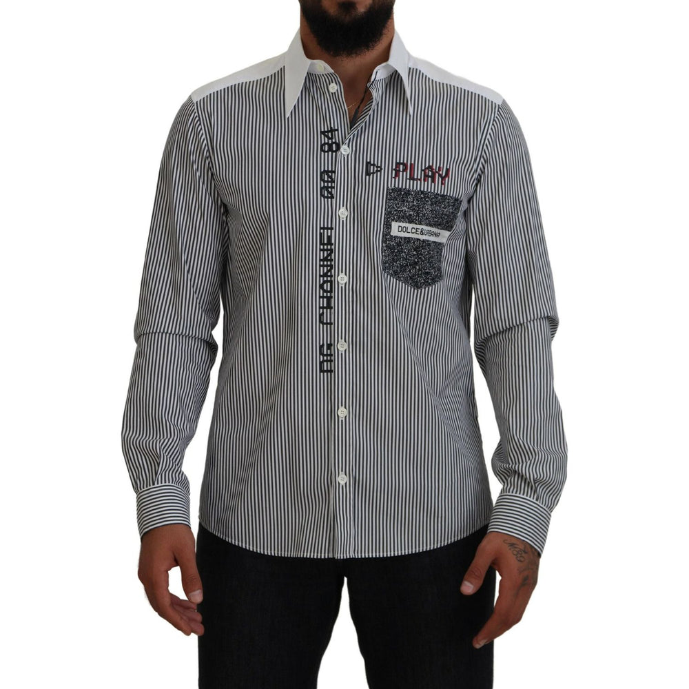 Dolce & Gabbana Black White Striped Printed Casual Cotton Shirt TSH83792-41