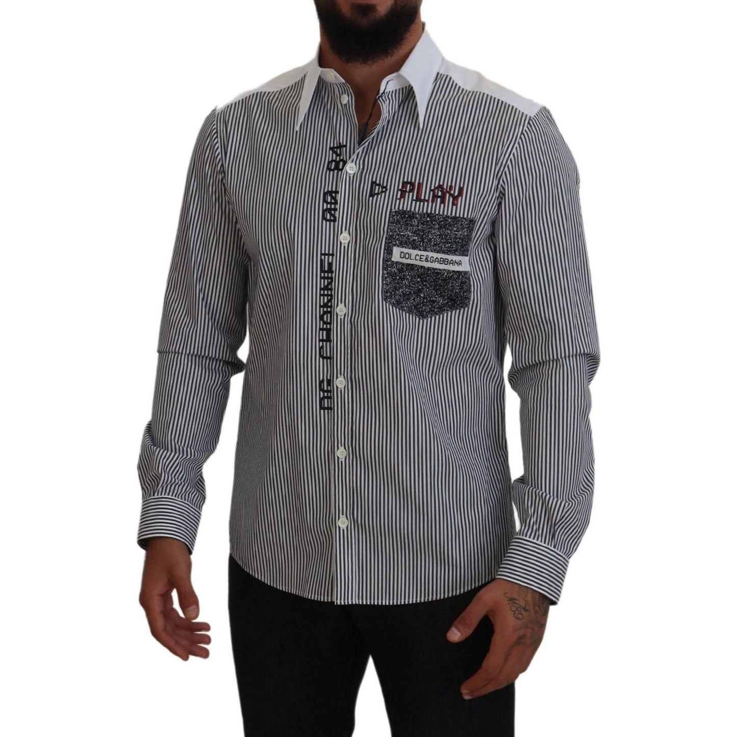 Dolce & Gabbana Black White Striped Printed Casual Cotton Shirt TSH83792-41