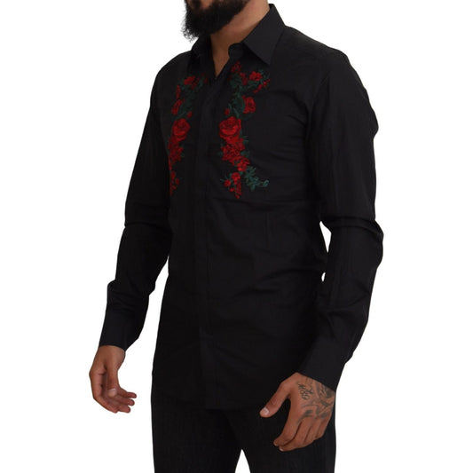 Dolce & Gabbana Black Floral Embroidery Men Long Sleeves GOLD Shirt TSH84058-38