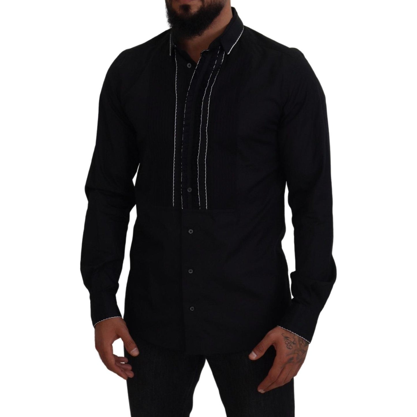 Dolce & Gabbana GOLD Black Tuxedo Slim Fit Cotton Shirt TSH83815- 41