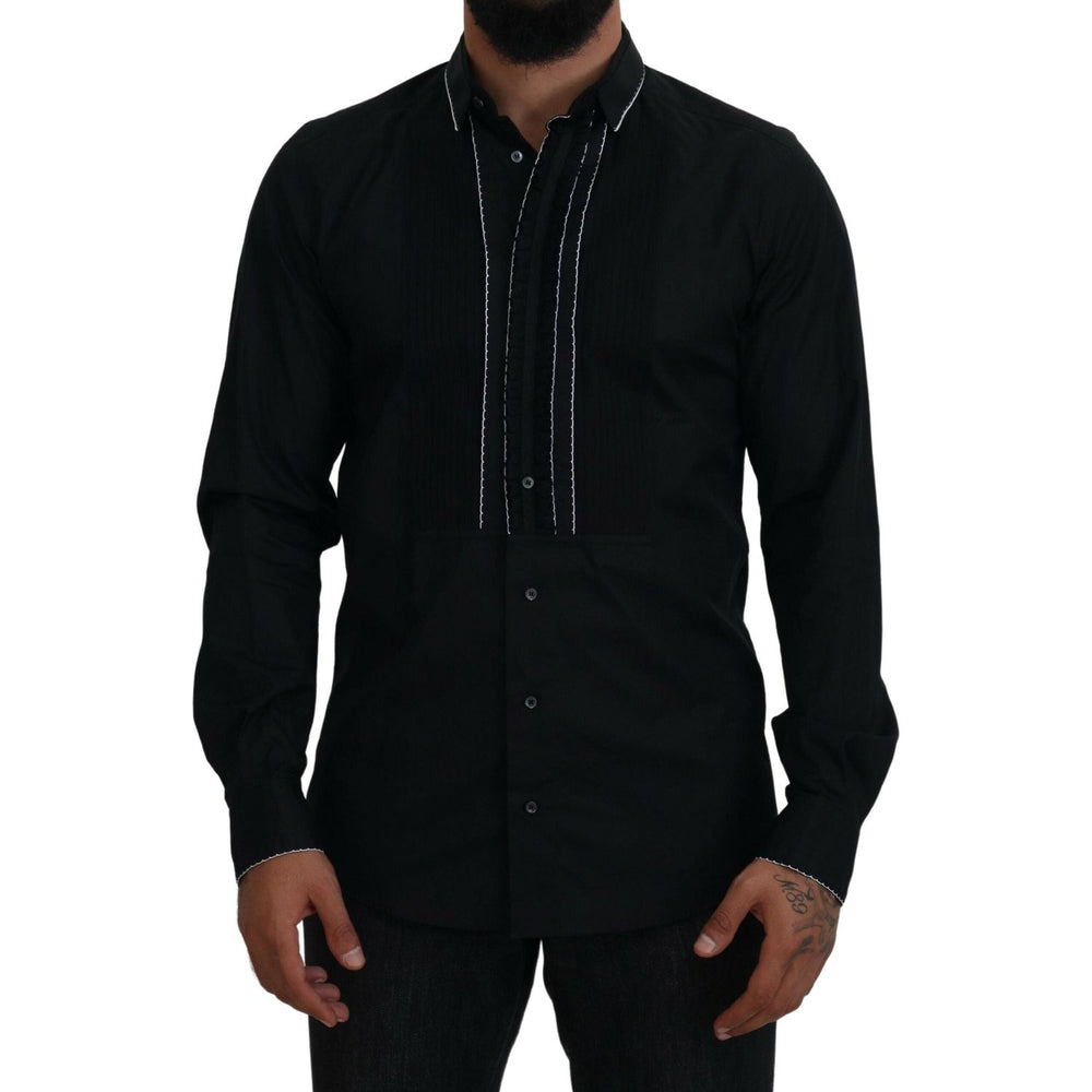 Dolce & Gabbana GOLD Black Tuxedo Slim Fit Cotton Shirt TSH83815- 41