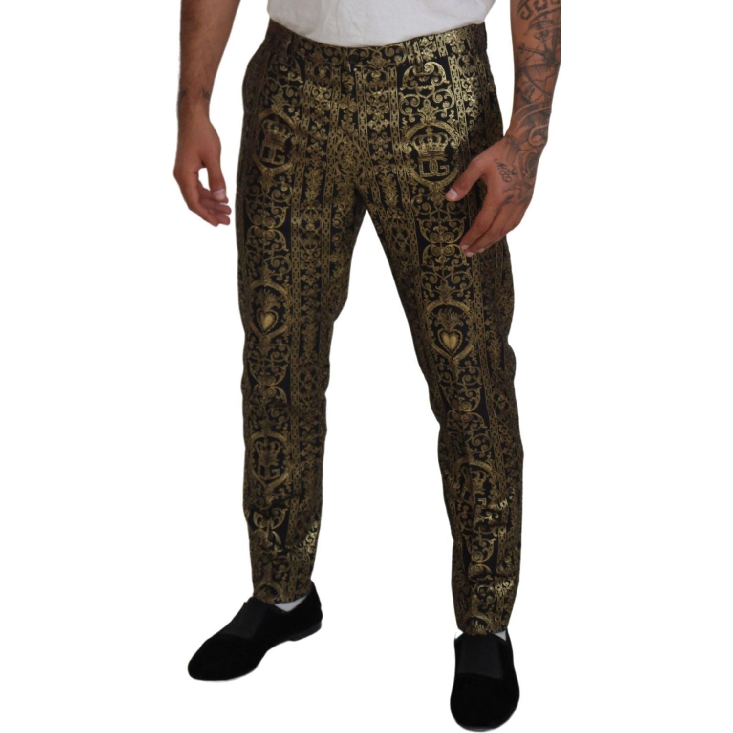 Dolce & Gabbana Black Gold Jacquard Dress Trouser Pants