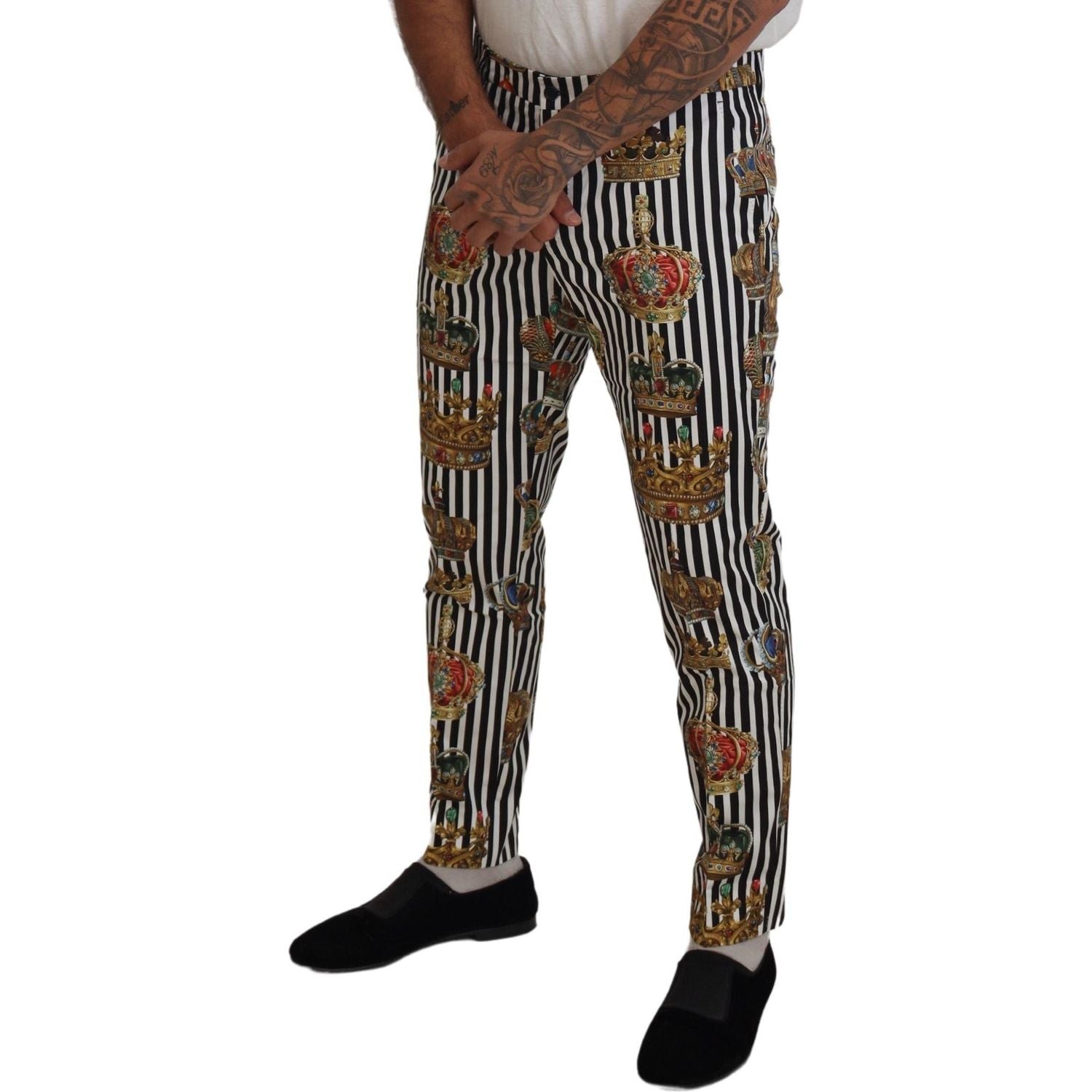 优雅金色皇冠条纹斜纹布裤