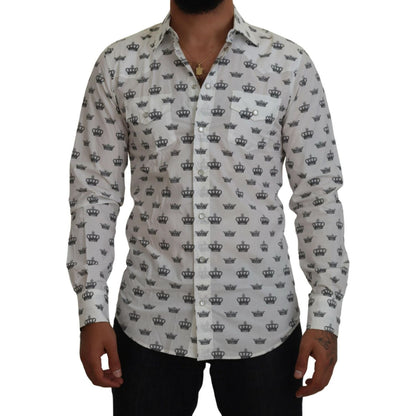 Dolce & Gabbana White Crown Print Slim Fit Cotton Shirt