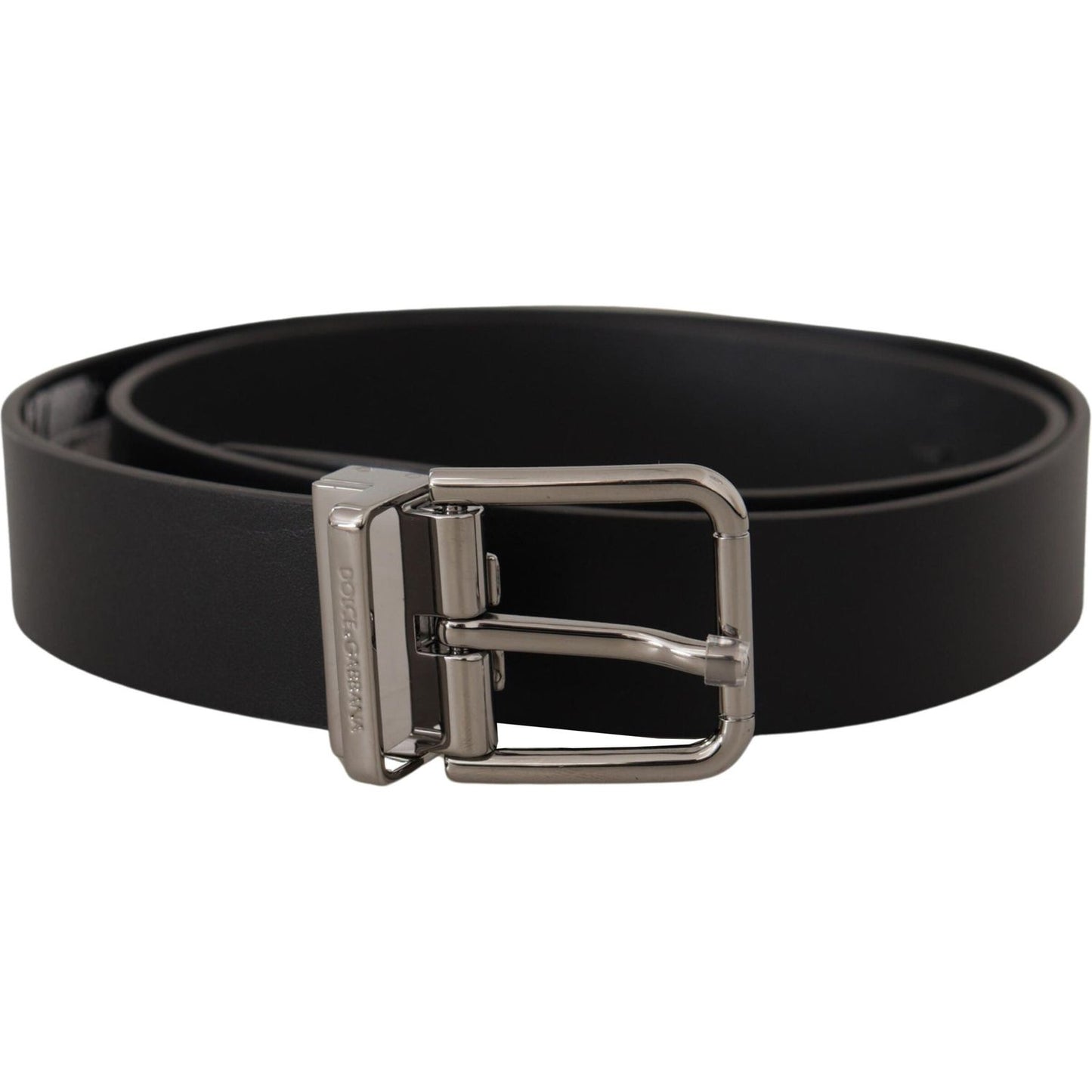 Dolce & Gabbana Black Calf Leather Logo Engraved Metal Buckle Belt