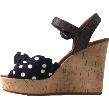Dolce & Gabbana Black Wedges Polka Dotted Ankle Strap Shoes Sandals