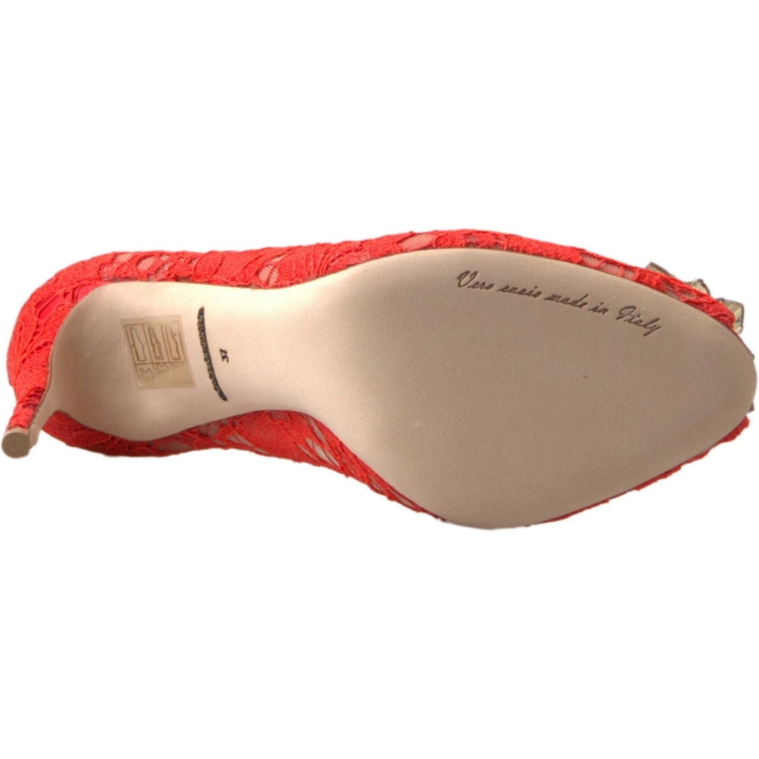 带水晶装饰的别致红色蕾丝高跟鞋