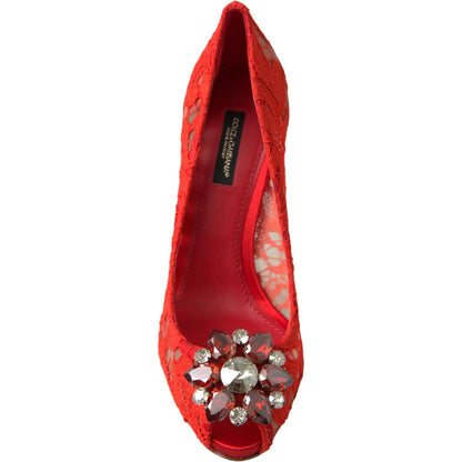 Dolce & Gabbana Red Taormina Lace Crystal Heels Pumps Shoes