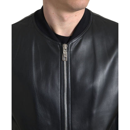 Dolce & Gabbana Black Leather Full Zip Bomber Men Jacket