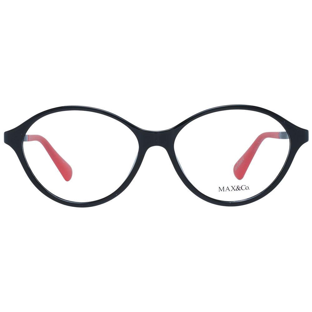 Max & Co Black Women Glasses Frame, round full-rim black plastic, size 54-14-140, with branded case, demo lenses, and no spring hinge.