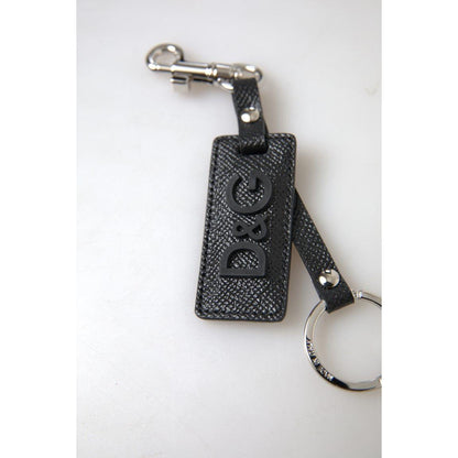 Dolce & Gabbana Black DG Logo Leather Silver Metal Keychain